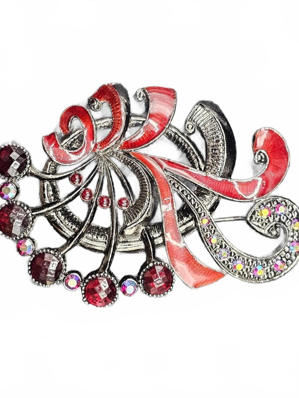 Red and Black Rhinestone Swirl Brooch